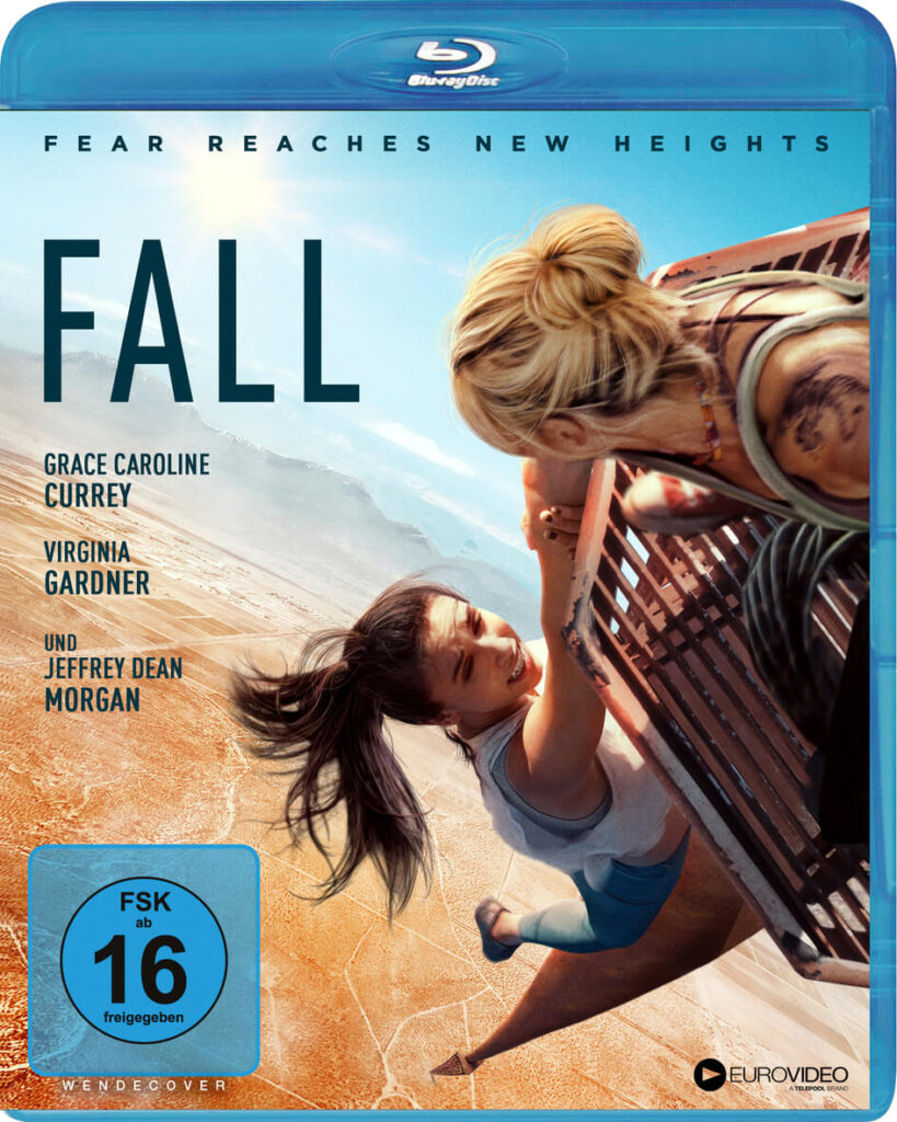 Blue-Ray Cover von dem Film Fall. Eine Frau hängt am Abgrund eines Fernsehturms an der Hand einer anderen Frau, die sie vor dem Sturz bewahrt.